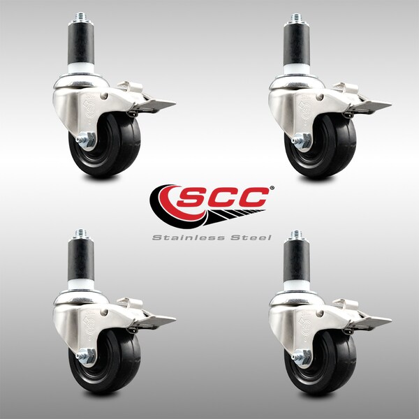 Service Caster 3.5 Inch 316SS Soft Rubber Swivel 1-3/8 Inch Stem Caster Set Lock Brake SCC SCC-SS316TTLEX20S3514-SRS-138-4 - main